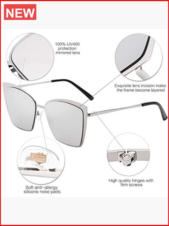 Cateye Sunglasses Mirrored Lens Metal Frame UV400 Protection